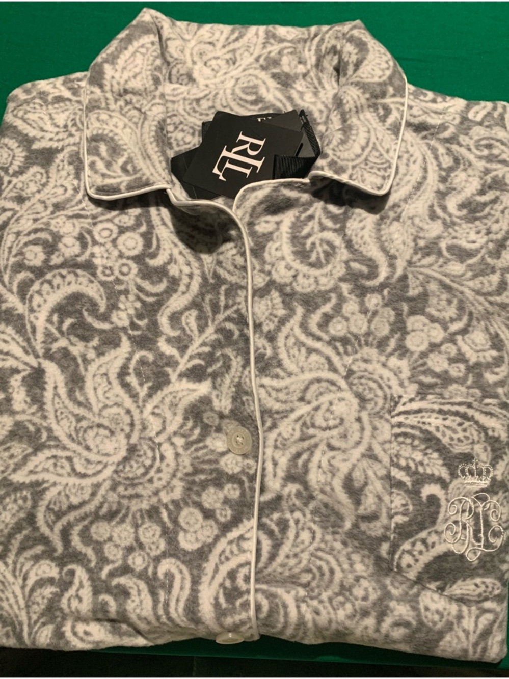Ralph Lauren Gray and White Paisley-Print Button Top